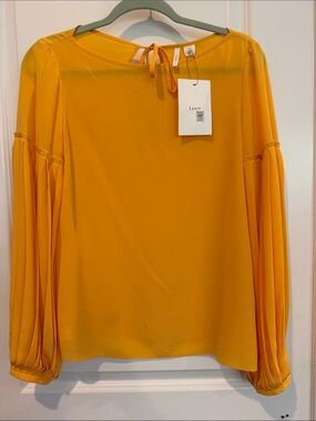 Lewit Women's Mustard Yellow Pleated Balloon-Sleeve Blouse